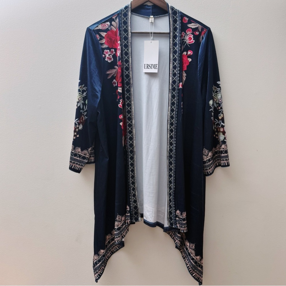 URSIME Navy Floral Embroidered Open-Front Kimono